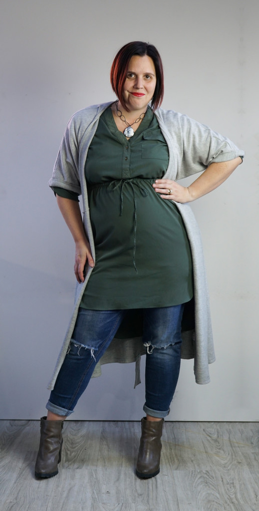 one dress thirty ways creative style challenge: wrap dress as duster over shirt dress and jeans with chunky gemstone necklace