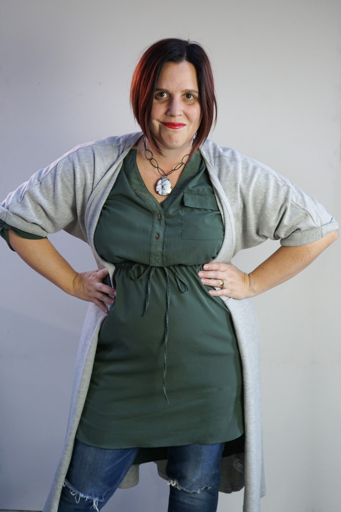 one dress thirty ways creative style challenge: wrap dress as duster over shirt dress and jeans with chunky gemstone necklace