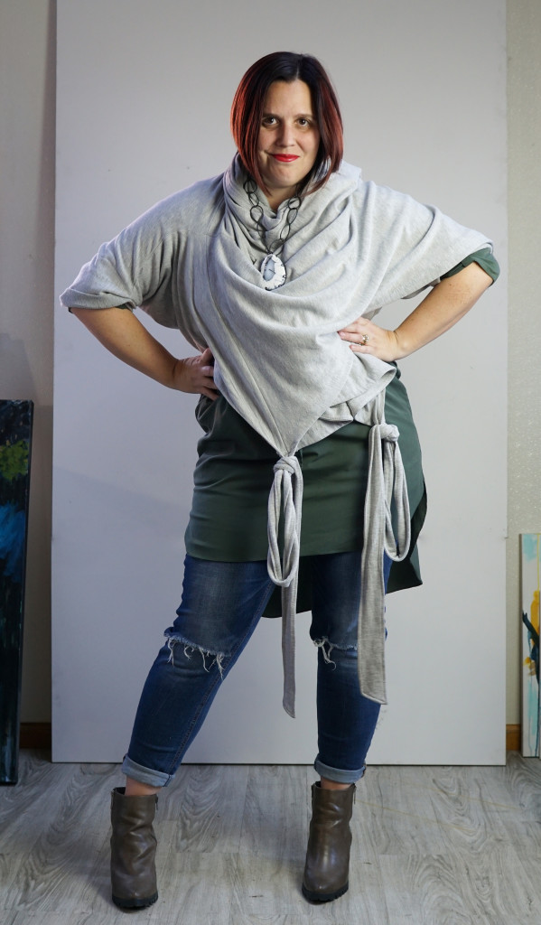 one dress thirty ways creative style challenge: wrap dress as duster over shirt dress and jeans with chunky gemstone necklace