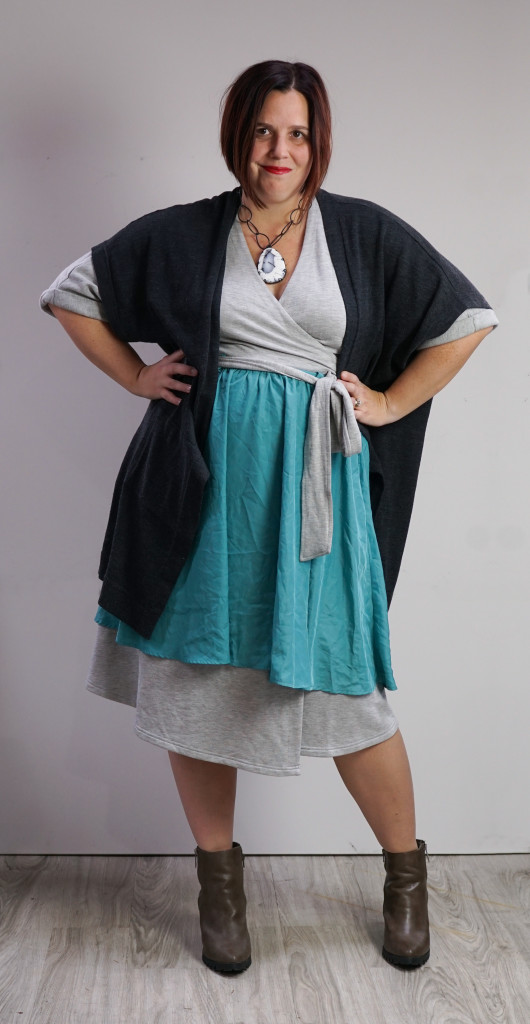 one dress, thirty ways style inspiration: playing with layers with a grey wrap dress, aqua skirt, charcoal cardigan, and chunky gemstone statement necklace