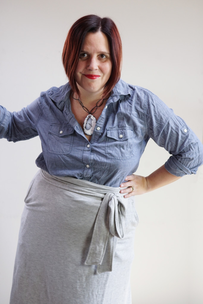 Grey wrap discount around skirt outfit