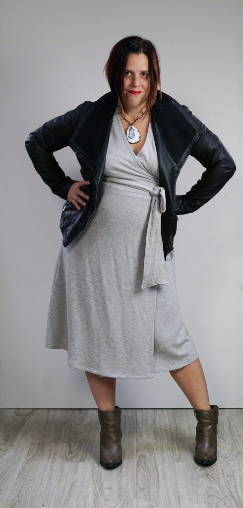 one dress, thirty ways outfit inspiration: grey wrap dress, leather jacket, chunky gemstone statement necklace