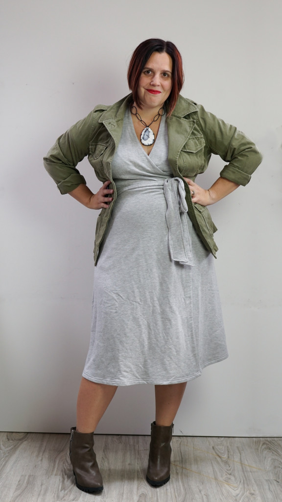 one dress, thirty ways style inspiration: grey wrap dress, military jacket, and chunky gemstone statement necklace