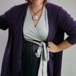 one dress challenge, day 24: grey wrap dress, metallic pleated skirt, and purple cardigan