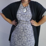 one dress challenge, day 27: oversized cardigan and printed dress over grey wrap dress