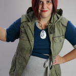 one dress challenge, day 16: military vest over grey wrap dress and teal sweater