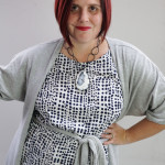 one dress challenge, day 17: grey wrap dress over white and navy printed dress