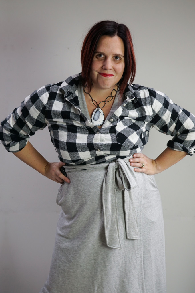 one dress thirty ways creative outfit ideas: black and white plaid flannel shirt over grey wrap dress
