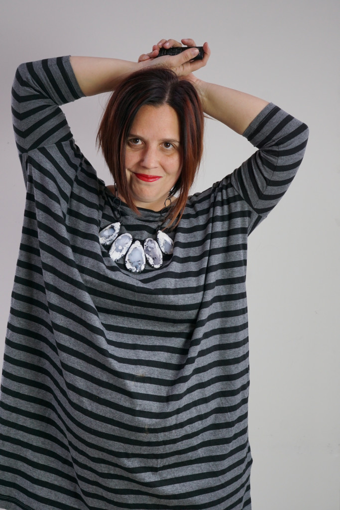 bold comfortable style: oversized black and grey striped dress with one of a kind gemstone statement necklace