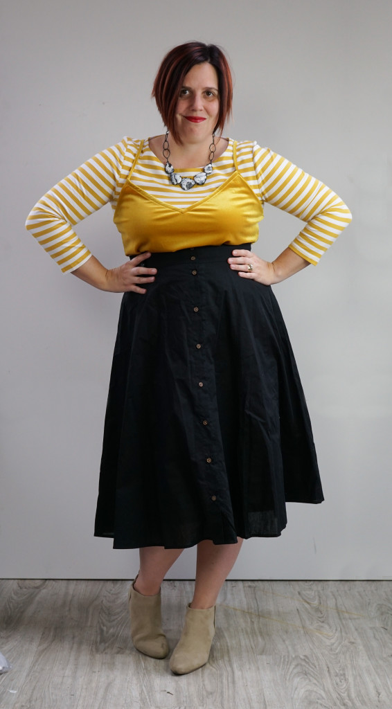outfit inspiration: one dress, thirty ways: velvet cami and midi skirt over striped dress