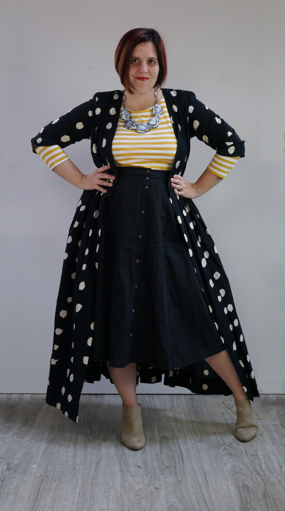 capsule wardrobe 10x10 style challenge (and one dress, thirty ways): polka dot maxi dress over striped dress and midi skirt with statement necklace