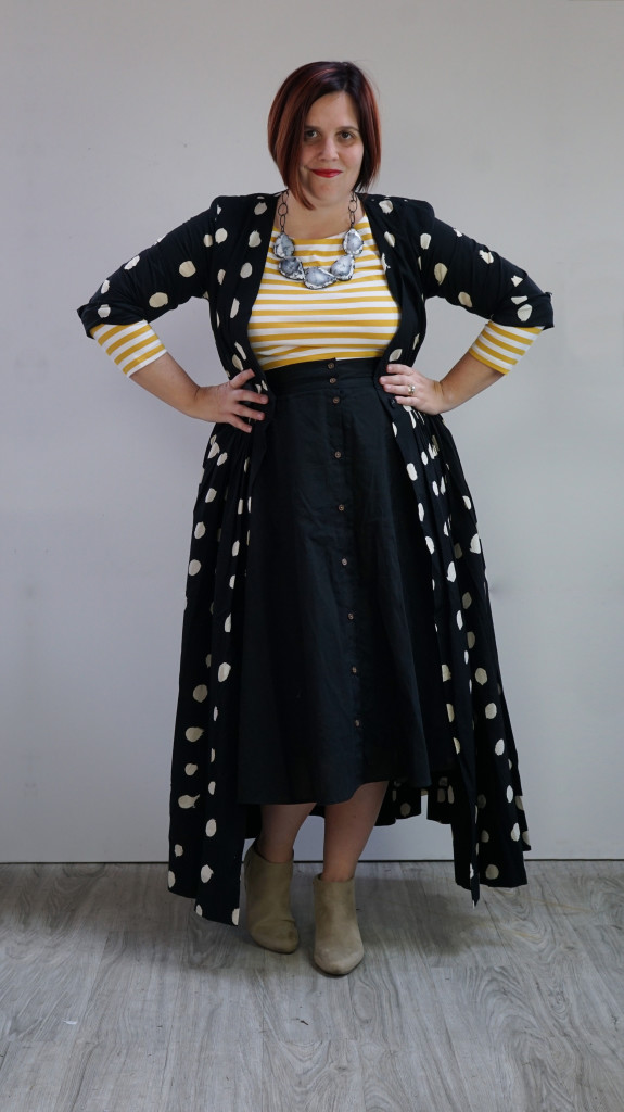 capsule wardrobe 10x10 style challenge (and one dress, thirty ways): polka dot maxi dress over striped dress and midi skirt with statement necklace