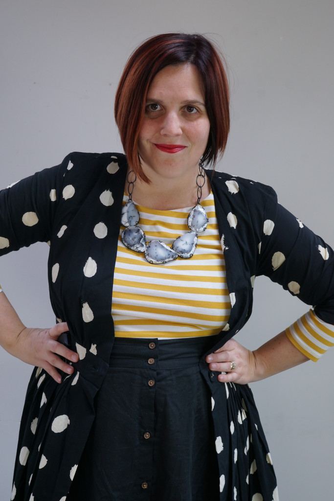 capsule wardrobe 10x10 style challenge (and one dress, thirty ways): polka dot maxi dress over striped dress and midi skirt with statement necklace