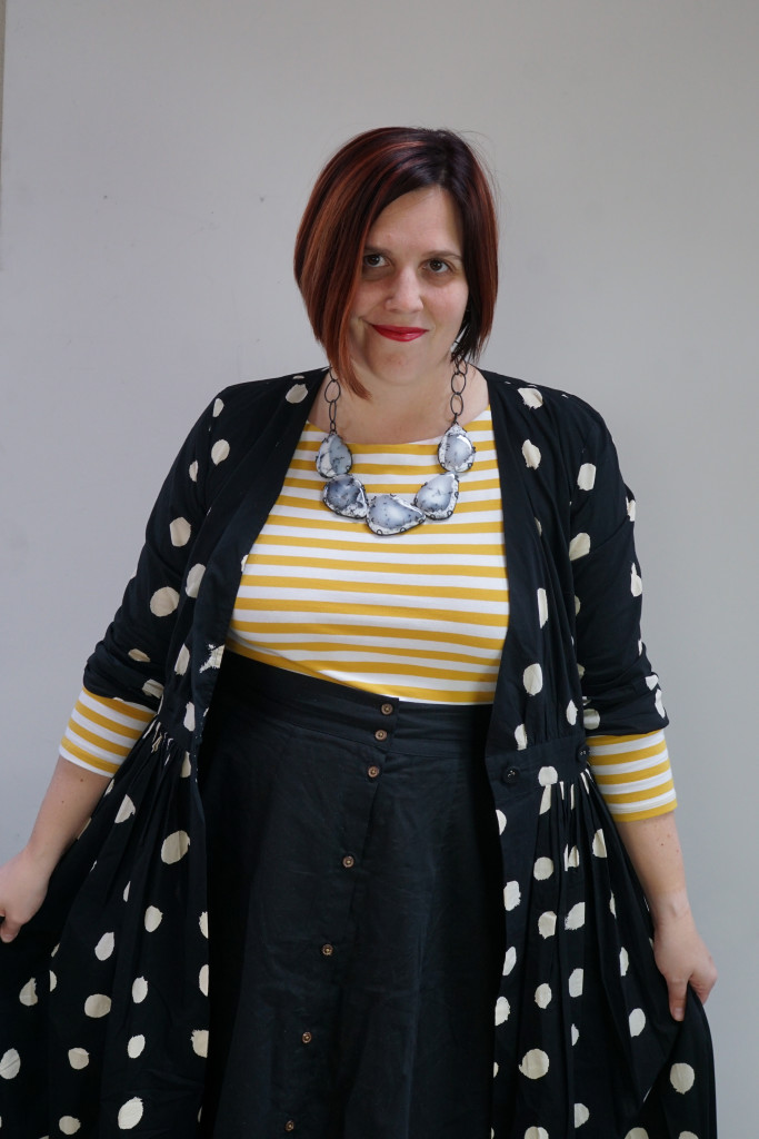 capsule wardrobe 10x10 style challenge (and one dress, thirty ways): polka dot maxi dress over striped dress and midi skirt with statement necklace