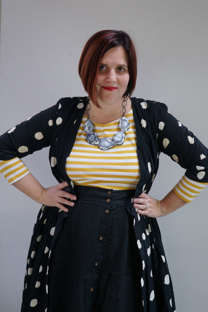 capsule wardrobe 10x10 style challenge (and one dress, thirty ways): polka dot maxi dress over striped dress and midi skirt with statement necklace