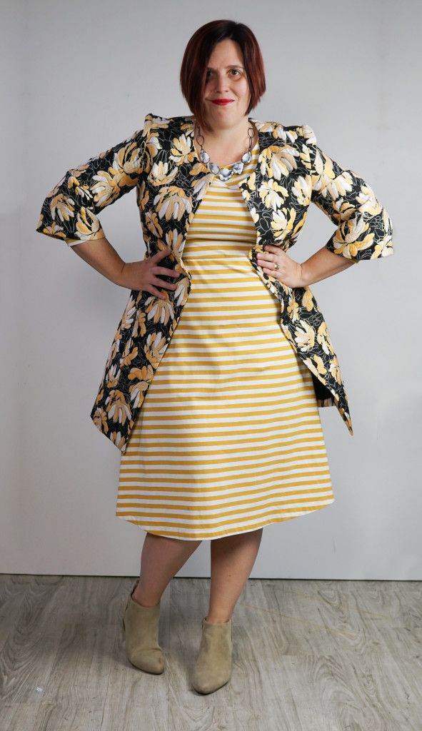 creative outfit ideas: one dress, thirty ways: striped midi dress with floral coat and statement necklace