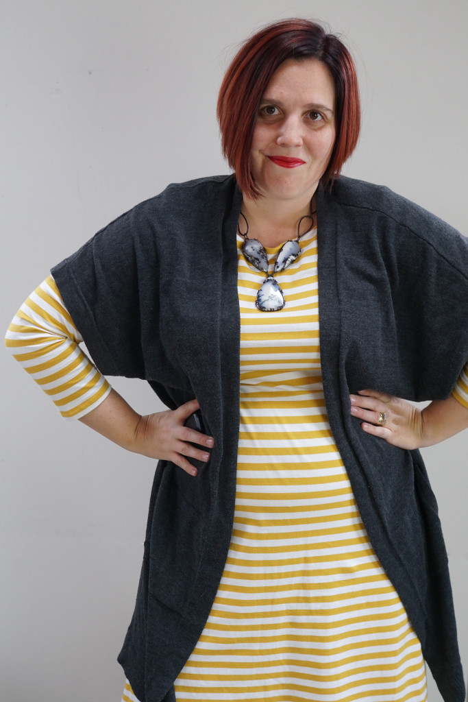 one dress, thirty ways: striped maxi dress, oversized cardigan, and statement necklace