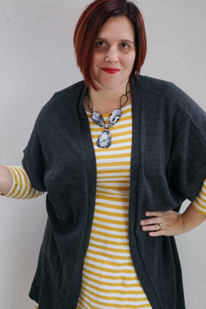 one dress, thirty ways: striped dress, oversized cardigan, and statement necklace