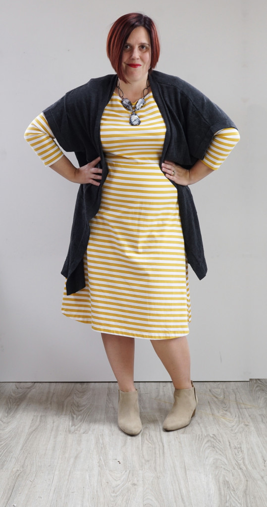 one dress, thirty ways: striped dress, oversized cardigan, and statement necklace