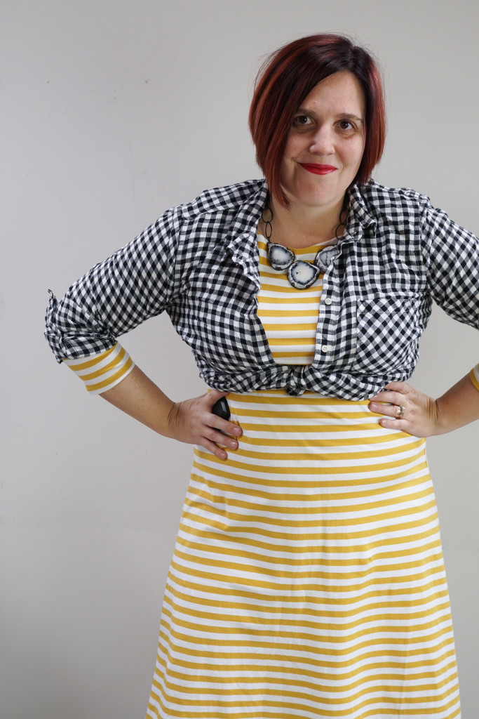 spring style inspiration: yellow striped midi dress and black and white checked shirt