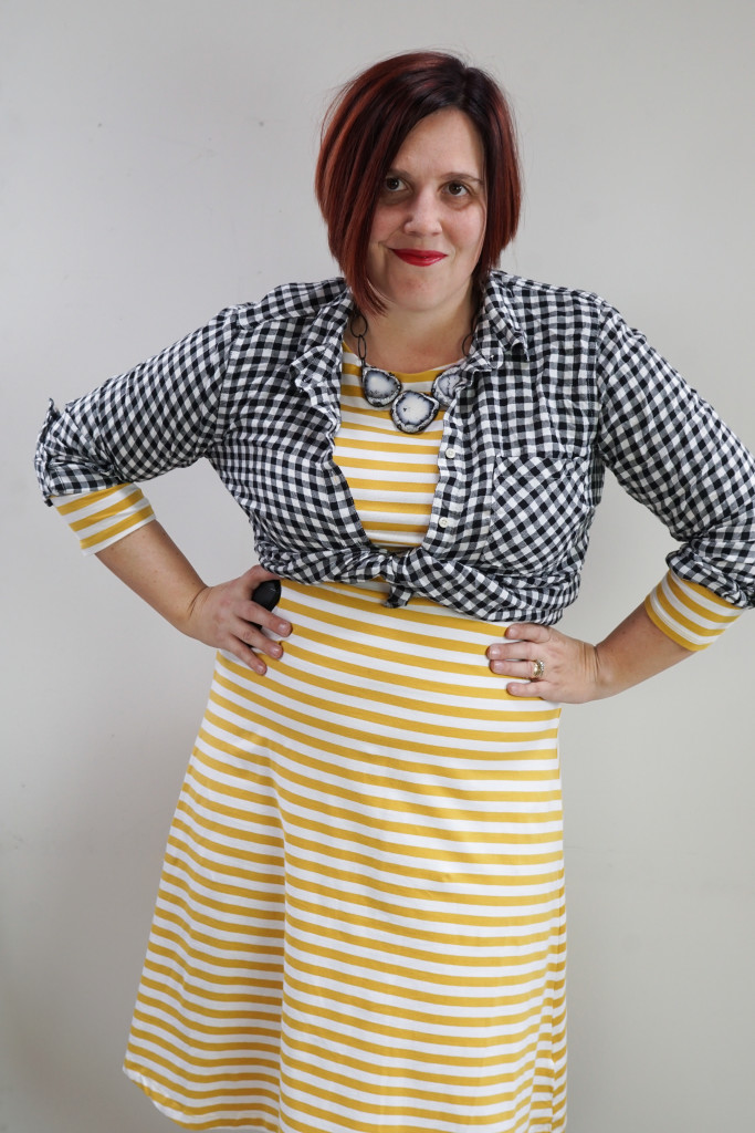 spring style inspiration: yellow striped midi dress and black and white checked shirt