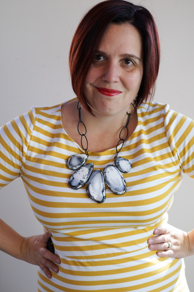 outfit inspiration: one dress, thirty ways: striped midi dress and black and white statement necklace