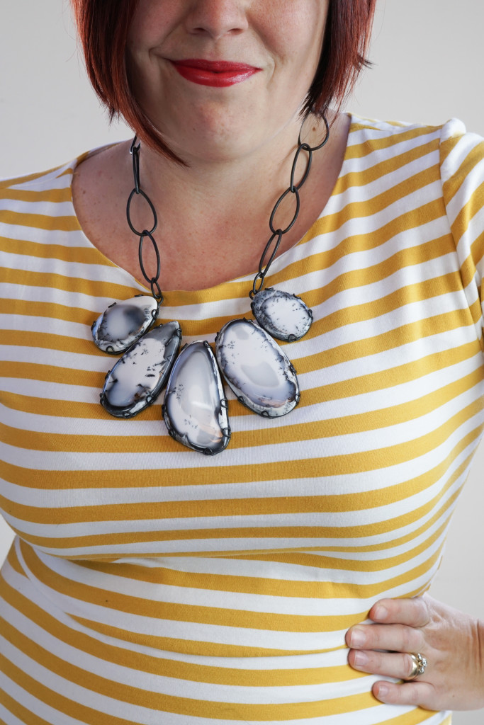 outfit inspiration: one dress, thirty ways: striped midi dress and black and white statement necklace