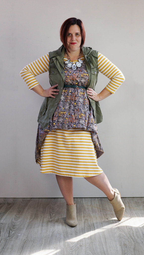 creative outfit ideas, pattern mixing: military jacket and floral dress over striped midi dress