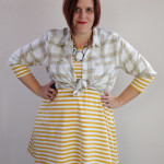 one dress challenge, day 12: plaid shirt over striped midi dress and jeans