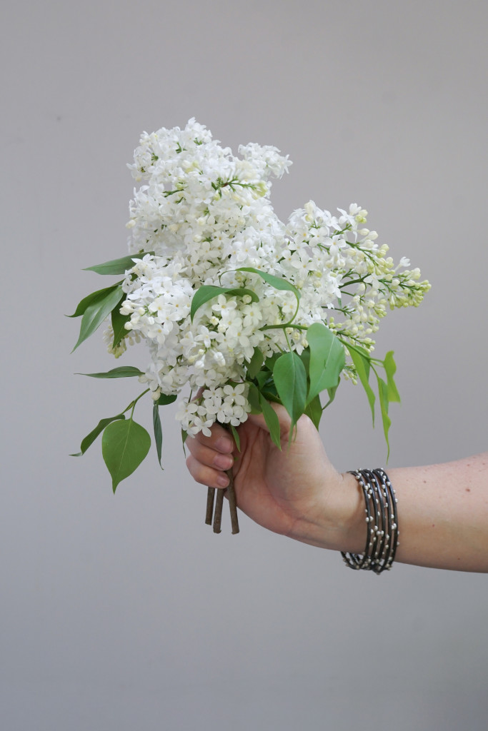 white lilacs and silver on steel stacking bracelets