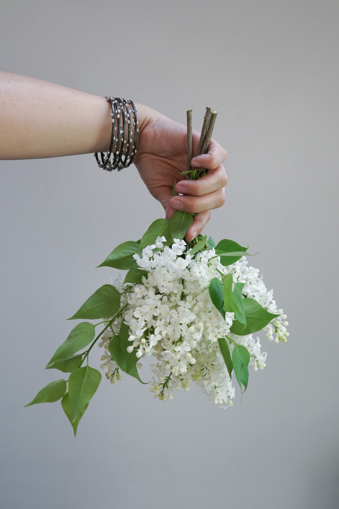 white lilacs and silver on steel stacking bracelets