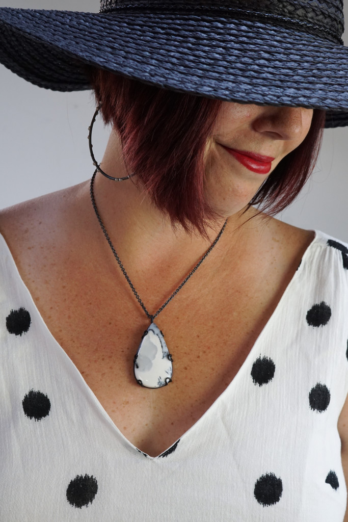 black and white summer style: straw hat, statement earrings, gemstone necklace, ikat polka dot dress