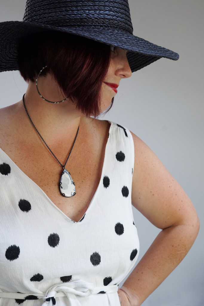 black and white summer style: straw hat, statement earrings, gemstone necklace, ikat polka dot dress