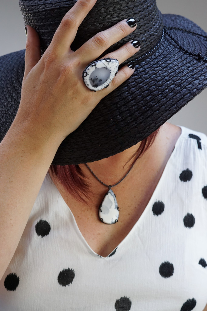 black and white summer style: straw hat, statement ring, and gemstone pendant
