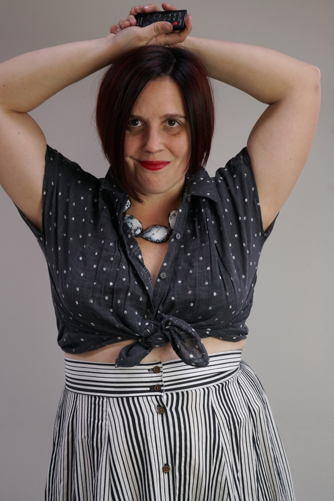 summer style: polka dot tied shirt and striped high waisted midi skirt with statement necklace