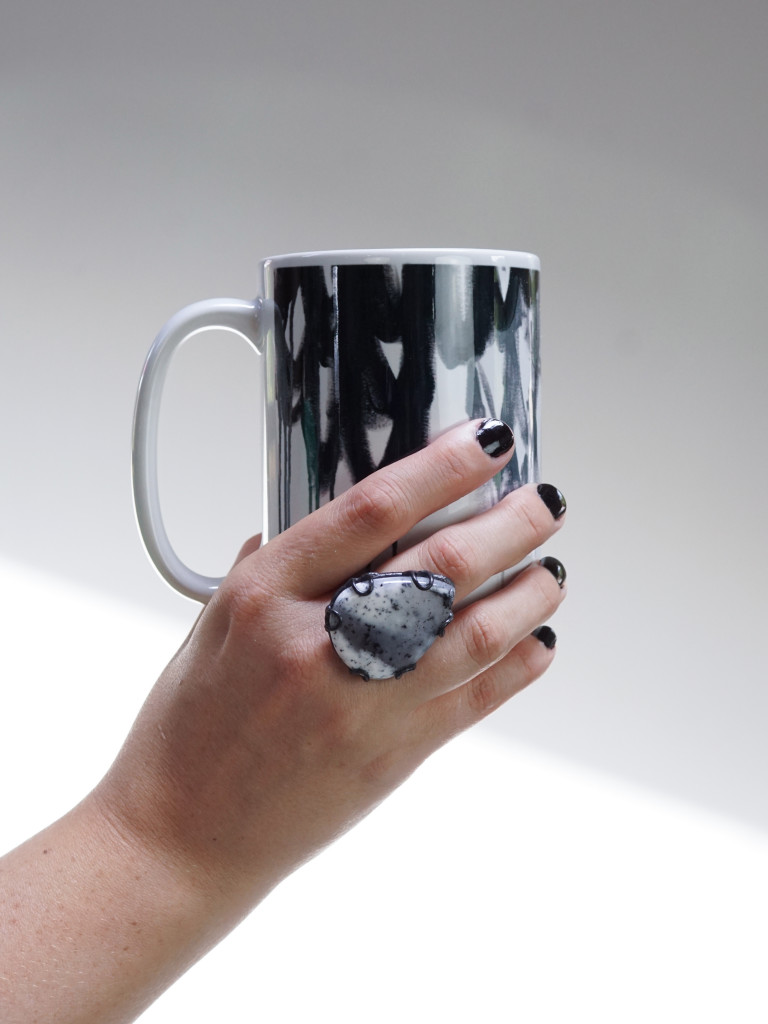 black and white abstract mug and statement ring