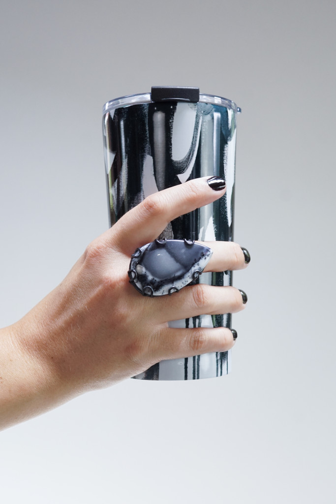 black and white abstract travel mug and statement ring