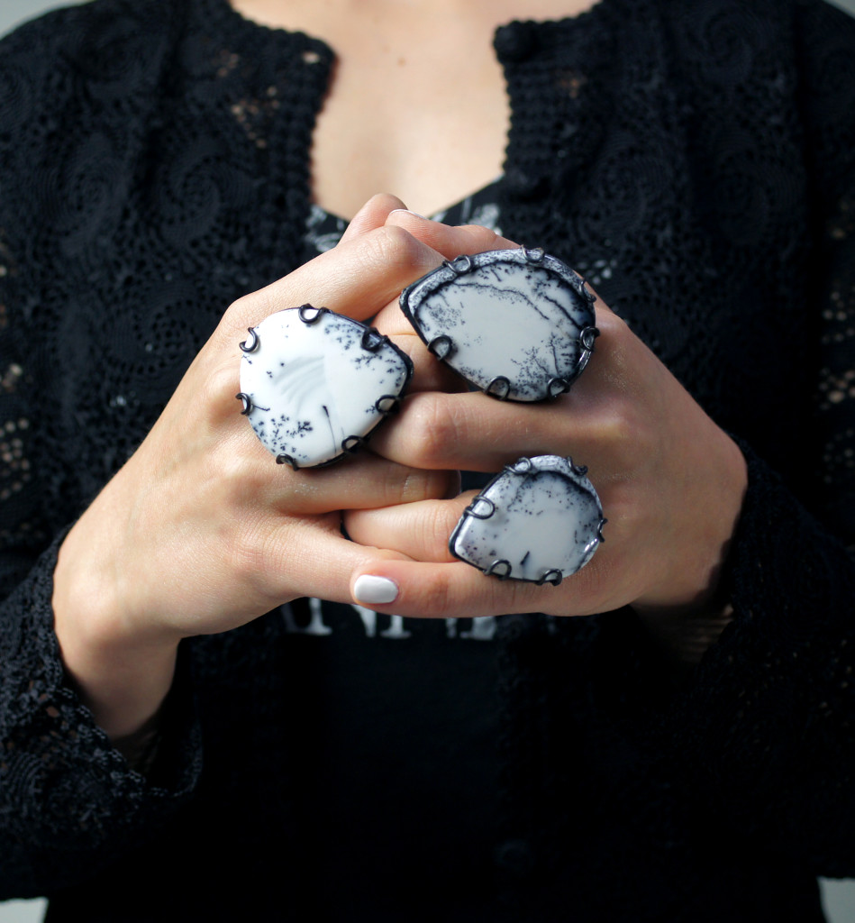 black and white gemstone statement rings: bold modern boho jewelry