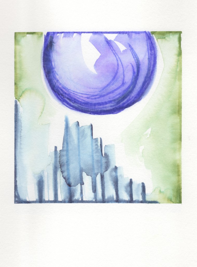 blue and green abstract cityscape watercolor painting