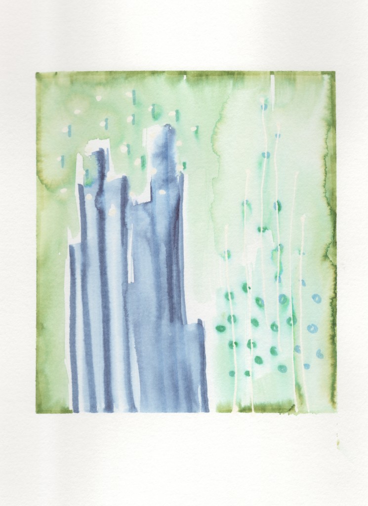 blue and green abstract cityscape watercolor painting