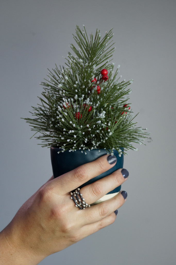 holiday decor: mini faux christmas tree in handmade ceramic mug