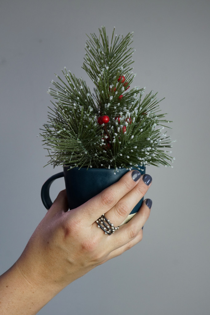 holiday decor: mini faux christmas tree in handmade ceramic mug