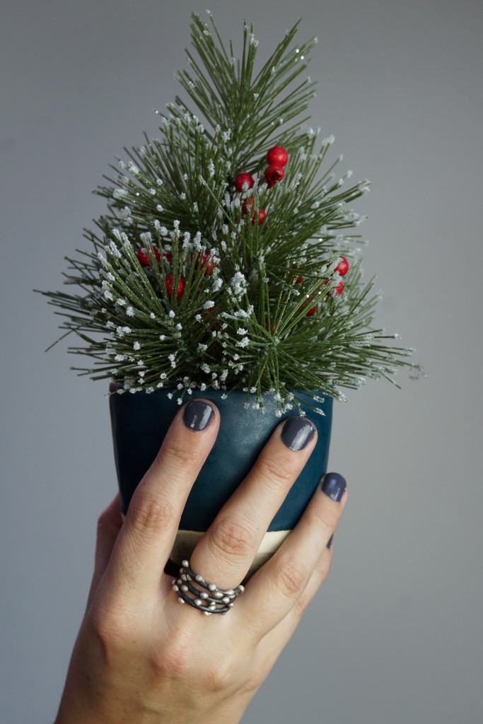 holiday decor: mini faux christmas tree in handmade ceramic mug