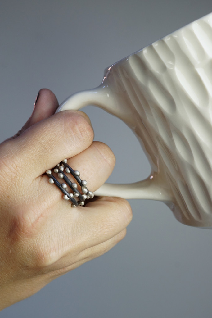 handmade gift ideas: silver on steel mixed metal stacking rings and textured ceramic mug