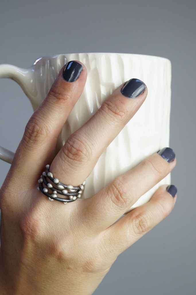 handmade gift ideas: silver on steel mixed metal stacking rings and textured ceramic mug