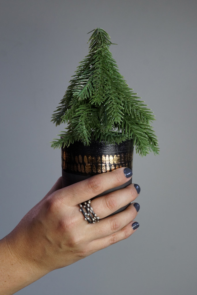 modern holiday decor: faux tree and handmade ceramics (with handmade mixed metal stacking rings)
