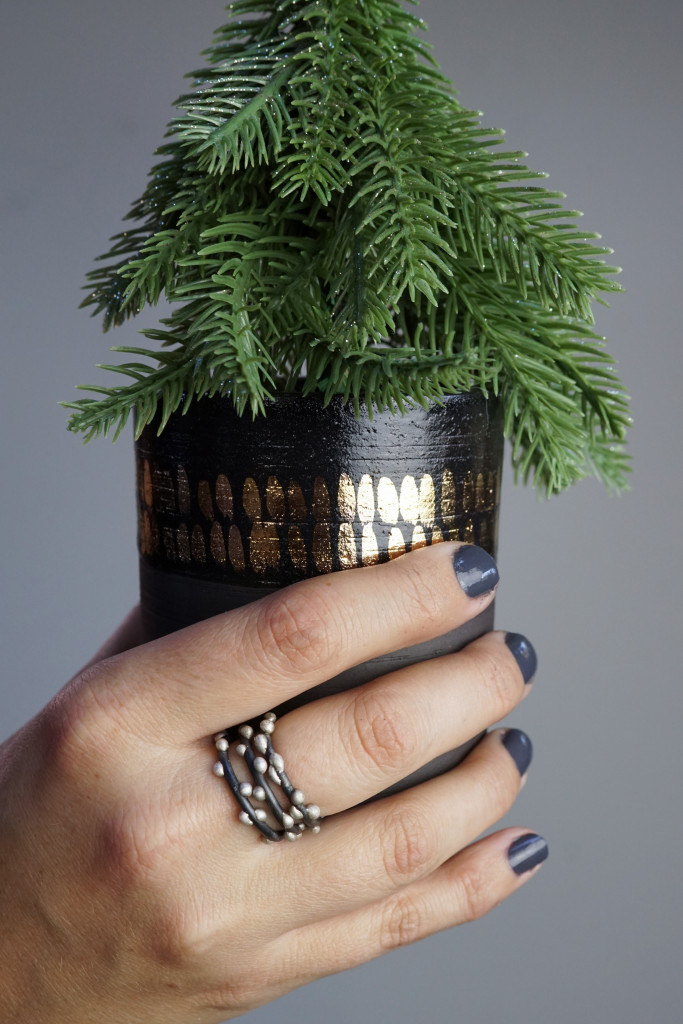 modern holiday decor: faux tree and handmade ceramics (with handmade mixed metal stacking rings)