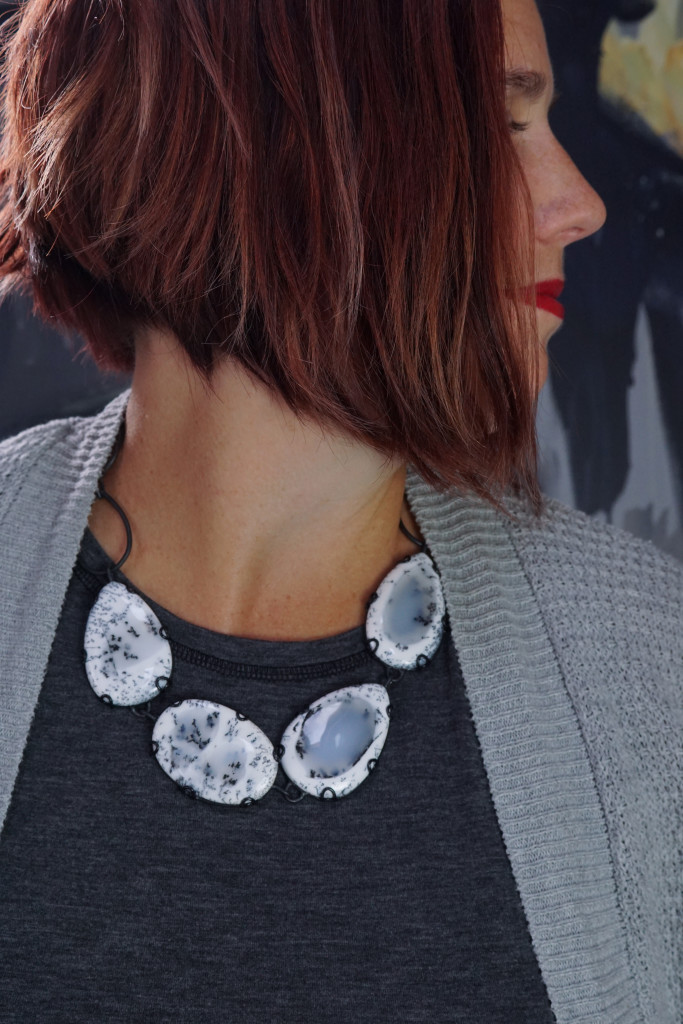 bold comfortable casual style: one of a kind statement necklace with grey tank top and cardigan