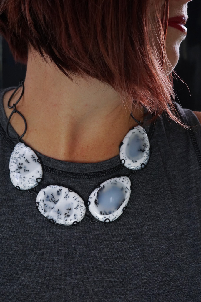 bold comfortable casual style: one of a kind statement necklace with grey tank top