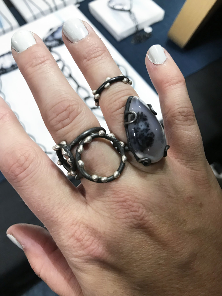 handmade ring stack: mixed metal circle rings, midi ring, and one of a kind chunky gemstone statement ring